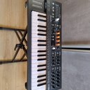 Černý synthesizér s klaviaturou umístěný na černém stojanu. Na horní části je nápis ARTURIA a v dolní části nápis MINIFREAK. Přístroj obsahuje řadu o…