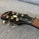 Černá hlava elektrické kytary s nápisem Epiphone a bílým ornamentem ve tvaru květiny. Na hlavě jsou chromované ladičky a viditelný podpis, který je n…