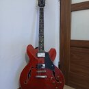 Červená polodublová elektrická kytara s černým hmatníkem a černým pickguardem. Na hlavě nástroje je bílý nápis Vintage. Kytara má dva humbuckery, stр…