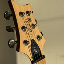 Detail hlavy světle hnědé dřevěné kytary s chromovanými ladičkami. Na dřevě je černý nápis „Paul Reed Smith SE“ a podpis autora. Na černé vložce u ma…