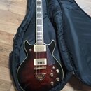 Elektrická kytara s tmavě červeným gradientem (sunburst) v černé softcase kytarové tašce. Na hlavě je viditelné logo Epiphone. Nástroj má dva humbuck…