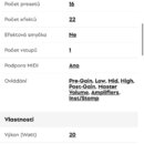 Fotografie obsahuje textový seznam technických specifikací rozdělený do sekcí Funkce a Vlastnosti. Jsou zde uvedeny údaje jako Repro 1x 8", Počet pre…