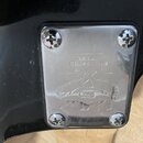 Detail kovového krytu na černé ploše nástroje, který je připevněn čtyřmi šrouby. Na povrchu krytu je vyryté logo Washburn, nápis PRO a text HAND CRAF…