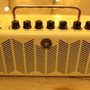 Bílý kompaktní kytarový zesilovač s kovovou rukojetí. Na horní straně jsou ovládací knoflíky s popisky AMP, GAIN, MASTER, TONE, EFFECT, DLY/REV a VOL…