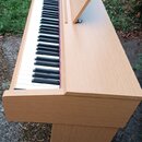 Digitální piano v dřevěné barvě s bílými a černými klávesami. Nástroj má integrovaný music stand (pult) a je umístěn venku na travem povrchu. Na vidi…