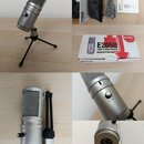 Koláž pěti fotografií zobrazuje stříbrný kondenzátorový mikrofon na černém stativu a jeho příslušenství. Na těle mikrofonu je nápis Superlux a regula…