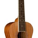 Akustické ukulele v přírodním dřevěvém provedení. Na hlavě je bílý nápis Oscar Schmidt a pod ním červený nápis Aloha. Nástroj má čtyři struny, tmavý…