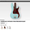 Světle modrá elektrická basová kytara s červeným členitým pickguardem. Na stránce je uveden název AMERICAN VINTAGE II 1960 PRECISION BASS, barva Daph…