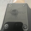 Detail zadní strany hlavy kytary s černým krytem. Na krytu je vyražené logo Jackson a pod ním sériové číslo 9851412. Kryt je připevněn čtyřmi šrouby,…