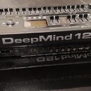 Černý rackový syntetizátor s nápisem DeepMind 12 na předním panelu. Horní ovládací panel obsahuje posuvníky, knoflíky a malý displej s nápisem ANALOG…