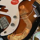 Fotografie zachicuje vnitřek černé kytary s hnědým povrchem dřeva. Je zde vidět bílý pickguard s dvěma kovovými knoflíky a červenou nálepkou s nápise…