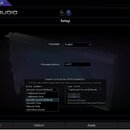 Snímek obrazovky softwarového rozhraní s názvem NU AUDIO a logem EVGA. V okně Setup je nastavena angličtina a firmware verze v 0.27. V popředí je ote…