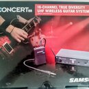 Fotografie krabice od bezdrátového systému pro kytaru. Na obalu je nápis CONCERT 88 a text 16-CHANNEL TRUE DIVERSITY UHF WIRELESS GUITAR SYSTEM. V po…