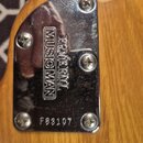 Detail kovového krytu na hředni kytary z dřeva. Na krytu je vyryto logo MUSIC MAN a nápis ERNIE BALL. Ve spodní části je vyrazeno sériové číslo F8310…