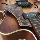 Detailní pohled na hnědou polodublovou kytaru s vyvedeným bílým okrajem. Na hnědém plechtru je zlatý nápis Godin. Nástroj má dva černé humbuckery, př…