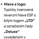 Snímek obsahuje text v češtině s nadpisem „Hlavní vizuální a konstrukční znaky:“. Text popisuje hlavu a logo nástroje značky ESP s bílým logem „LTD“…