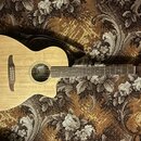Akustická kytara s vyřezem v těle, přírodní dřevěnou barvou a tmavým hmatníkem. Na hlavě je viditelné logo Fender. Kytara má černý popruh a hnědý kob…
