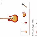 Snímek zobrazuje elektrickou kytaru s trupem v červeno-žlutém sunburst provedení a hnědým hmatníkem. Na hlavě kytary je viditelné logo značky Cort. V…