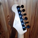 Zadní strana hlavy kytary z přírodního dřeva s šesti černými ladicími kolíky. Na dřevě je černý nápis Fender, Designed and Blocked by Crafted in Indo…