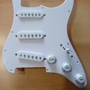 Bílá pickguard pro elektrickou kytaru s třemi bílými snímači typu single-coil. Je vybavena jedním přepínačem a třemi bílými potenciometry s nápisy VO…