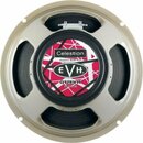Kruhový reproduktor s béžovým kovovým rámem. Uprostřed je štítok s červeným vzorem a nápisy Celestion, Custom Built For EVH. Spodní část štítku obsah…