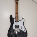 Elektrická kytara s tmavým, žilnatým povrchem těla a hnědým hnedým hmatníkem. Kytara má bílo-perleťový pickguard, dva snímače a tři ovládací knoflíky…