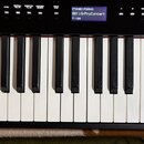 Detailní pohled na klávesnici digitálního piana s černým šasi a bílo-černými klávesami. Na modrém displeji je nápis [TONE] PIANO, 001 : GrPnoConcert…