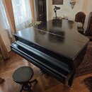 Černý křídlový klavír s lesklým povrchem a doprovodnou kulatou židlí. Na horní desce jsou viditelné škrábance a opotřebení laku. Na nástroji nejsou ž…