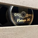 Detailní záběr na reproduktor v bílém kobercovém potahu. Na černé štítku je zlatým písmem nápis Vintage 30 a bílý text G12 8ohms. Po obvodu štítku je…