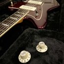 Elektrokytara v tmavě fialové barvě s bílým pickguardem a dvěma humbuckery. Nástroj leží v černém plišovém kufru, vedle něj jsou položeny dva bílé kn…