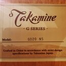 Fotografie detailu štítku uvnitř akustické kytary. Štítek nese nápisy Takamine, - G SERIES -, Model: GD20 NS a text Crafted in China in accordance wi…