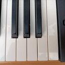 Detailní pohled na klávesnici digitálního piana s černými a bílými klávesami. Na pravé straně je černý ovládací panel s vypínačem a symbolem napájení…