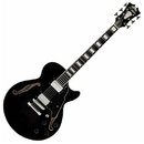 Černá polodublová elektrická kytara s dvěma f-otvory a bílými blokovými vložkami na hmatníku. Na hlavě je viditelné logo Epiphone. Nástroj má dva hum…