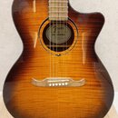 Akustická kytara s vyřezem v těle a povrchem v provedení sunburst. Uvnitř otvoru rezonančního otvoru je štítek s nápisy Fender, FA-SERIES a menšími n…