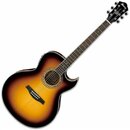 Akustická kytara s vyřezem v těle a barevným přechodem od žluté k černé (sunburst). Na hlavě hnedku je bílý nápis Ibanez. Nástroj vypadá být v novém…