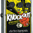Kytarový efekt v kovovém šasi s žlutým a černým panelem. Na panelu je nápis KNOCKOUT ATTACK EQUALIZER, logo electro-harmonix a text MADE IN NYC, USA.…