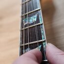 Detail hředu kytary s tmavým hmatníkem a bílými pražníky. V hmatníku jsou vykládané perleťové vložky ve tvaru stylizovaných křídel. Na fotce nejsou ž…