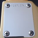 Detail zadní strany kytary s kovovou krytkou přichycenou čtyřmi šrouby. Na horní části krytky je vyrazen nápis V1971574. Povrch kytary je zlatavý a k…