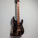 Černá elektrická kytara s hnědým hmatníkem a dvěma humbuckery. Na hlavě nástroje je viditelné logo Schecter. Kytara má nasazený černobílý popruh s ná…