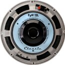 Kytarový reproduktor s kovovým šedým rámem a světle modrým papírkem. Na papírku jsou nápisy „EVM 12L“, „The World's Greatest Guitar Speaker“, „Classi…