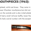 Obrázek obsahuje text s nadpisem TRANSITIONAL MOUTHPIECES (1963) a dvě fotografie náustrojů. Nástroj vlevo má stříbrný niklovaný povrch, zatímco nást…