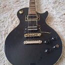 Černá elektrická kytara s tvarem singlecut a hnědým hmatníkem. Nástroj má dva humbuckery, stopku a kobylku z kovu, čtyři černé ovládací knoflíky a je…