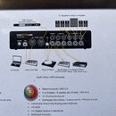 Fotografie zachycuje stránku z uživatelské příručky s ilustrací zadní strany zvukové karty DMX6Fire USB značky TERRATEC. Na obrázku jsou znázorněny z…