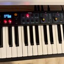 Černý digitální klavír s bílými a černými klávesami. Na ovládacím panelu je displej s nápisem „PURE-VINTAGE EP-Model 1“, značka „SOUND BANKS“ a různé…