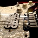 Detail elektrické kytary s perleťovým pickguardem. Na snímači je viditelný nápis Seymour Duncan. Kytara má tři bílé ovládací knofíky s popisky VOLUME…