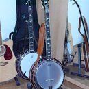 Dvě banjota s kovovými obručmi a hnědými koženými popruhy umístěná na stojáncích. Na hlavě pravého banjota je nápis 65 a na jeho membráně logo Parks.…
