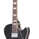 Černá polodublová elektrická kytara s dvěma humbuckery a f-otvory. Na hlavě je bílé logo "Hofner" a nápis "Senator". Nástroj má hnědý hmatník s bílým…