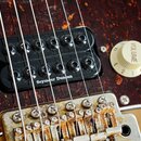 Detail elektrické kytary s tmavě červeným vzorovaným pickguardem. Je zde viditelný černý humbucker s nápisem Seymour Duncan a krémový otočný knoflík…