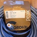 Modrý reproduktorový kabel svázaný v klubku, který je přeložen hnědou papírovou obálkou. Na obálce jsou nápisy „peak“, „CORDIAL we are cables“ a štít…