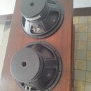 Dvě černé reproduktorové jednotky položené na hnědém dřevěném nábytku. Na rámu obou reproduktorů je viditelný nápis 12. Horní reproduktor má na zadní…